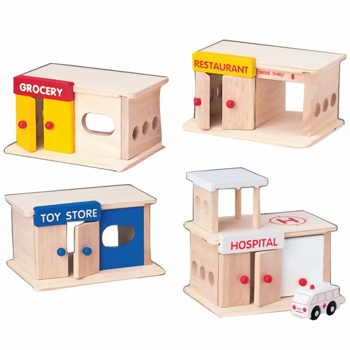 Dollhouses And Play Sets |   Block Play Set: Hospital, Toy Store, Grocery And Restaurant