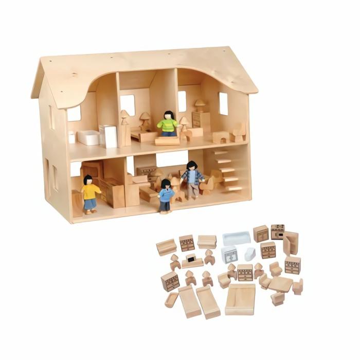 Dollhouses And Play Sets |   Hardwood Dollhouse & Furniture Combo Set